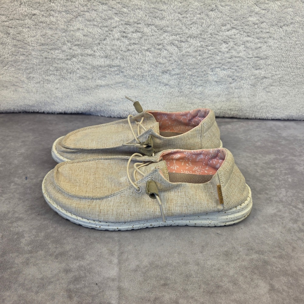 Hey Dude Wendy Tan Beige Linen Floral Lining Slip On Loafers Women Size 8